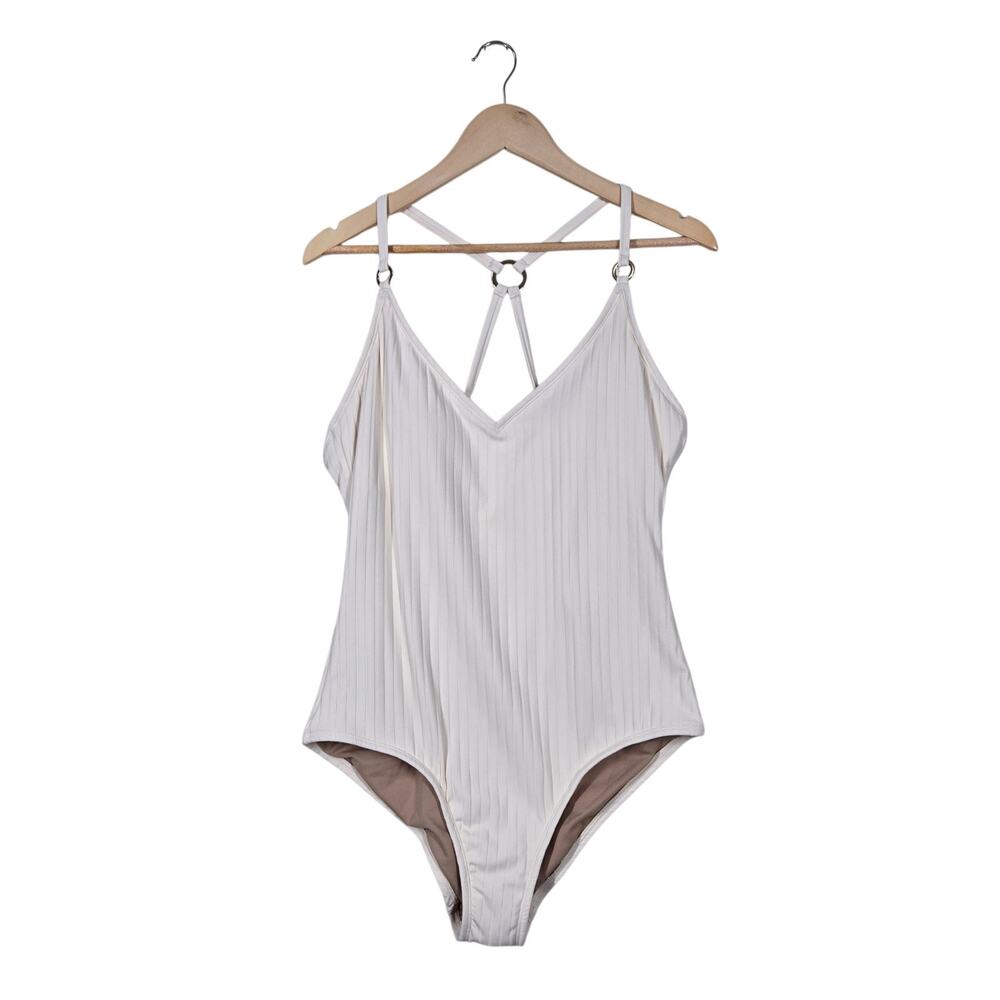 Kona Sol Swim Suit sz L Ivory Cream Ribbed Knit One Piece Medium Seat Coverage